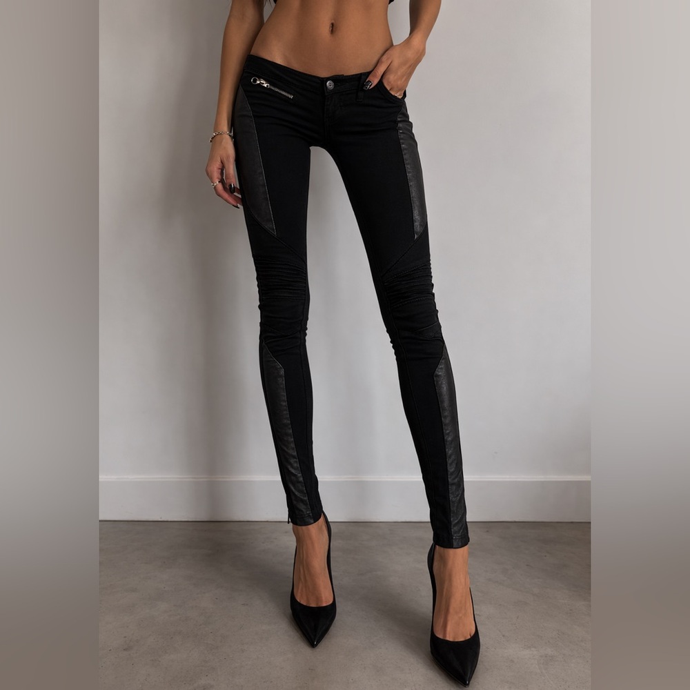 Rag & Bone Black Leather Patch Panelled Moto Skinny Legging Pants